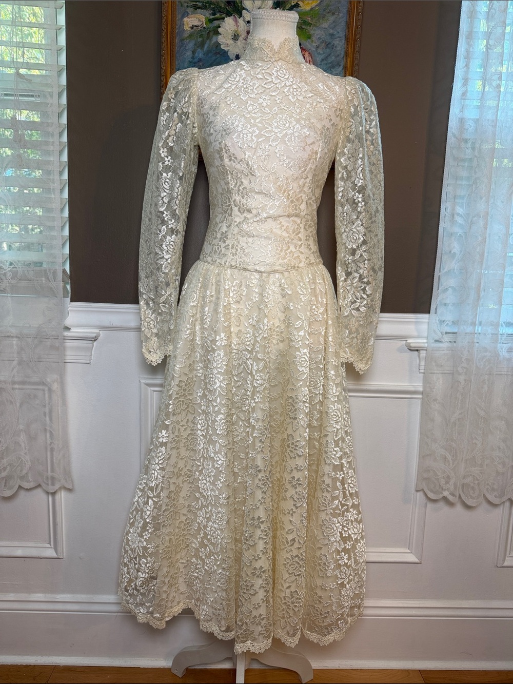 Vintage 80s Mori Lee Ivory Lace Tea Length Wedding Dress XS